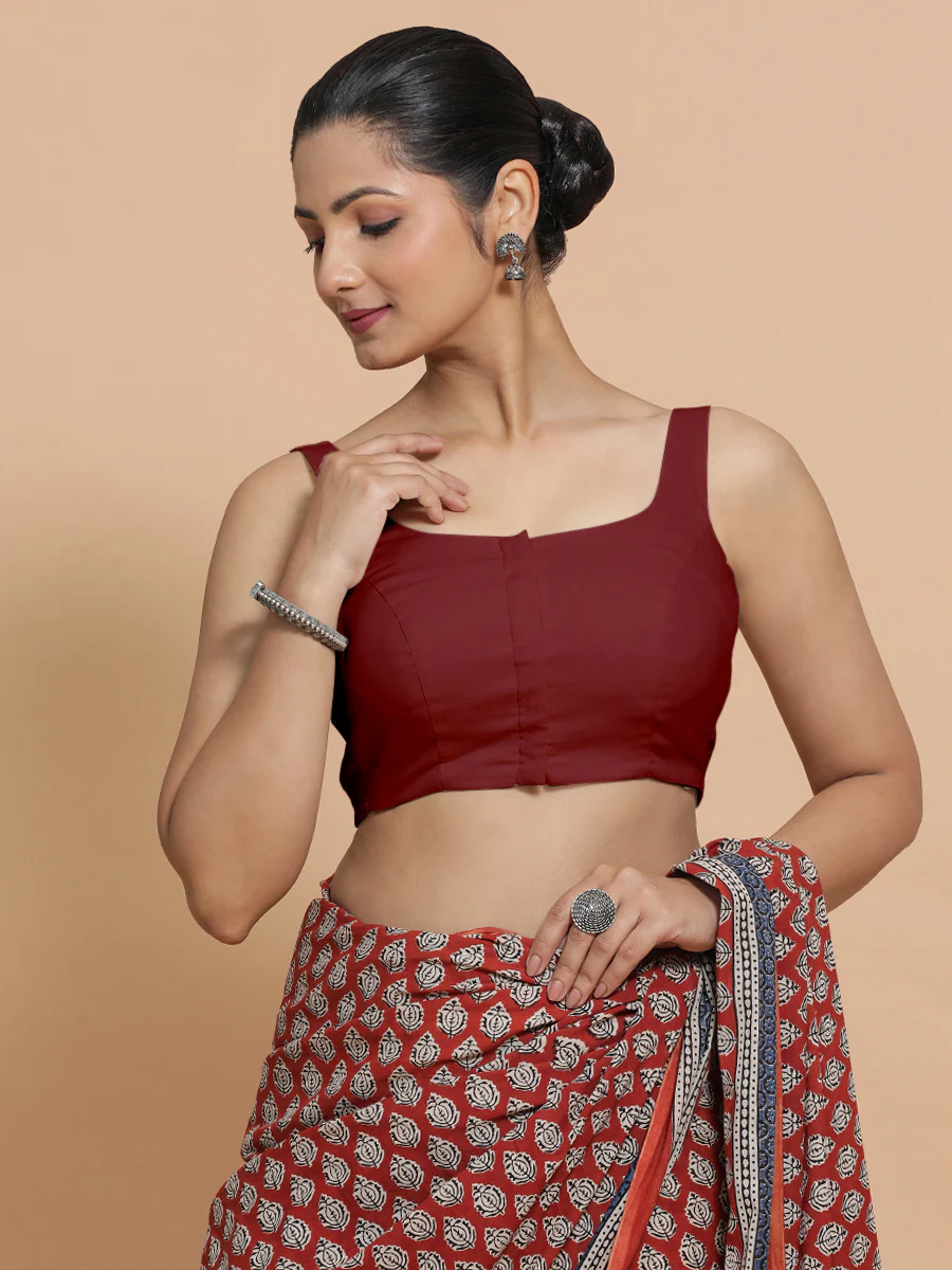 Nisha x Rozaana | Sleeveless Saree Blouse in Cranberry Red Linen - Image 8