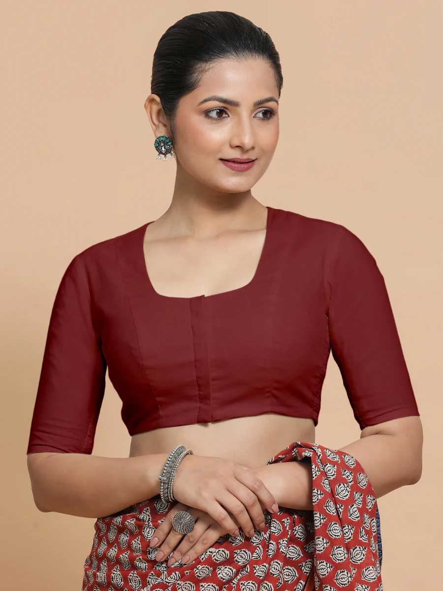 Sadia x Rozaana | Elbow Sleeves Saree Blouse in Cranberry Red Linen - Image 12