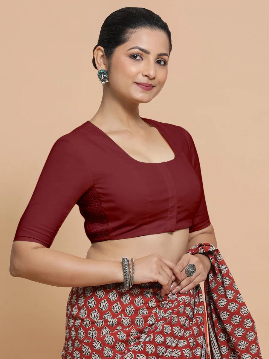 Sadia x Rozaana | Elbow Sleeves Saree Blouse in Cranberry Red Linen - Image 6
