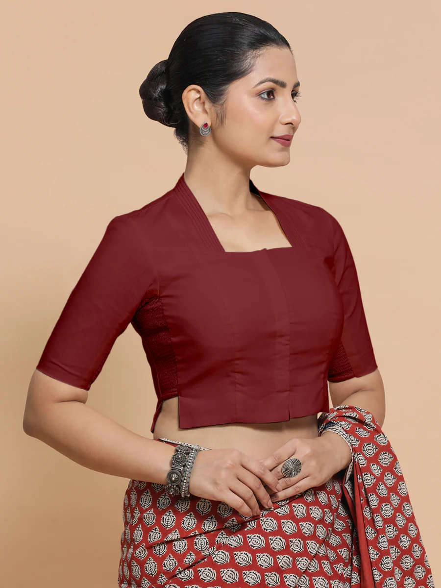 Saloni x Rozaana | Stylised Neck Saree Blouse in Cranberry Red Linen - Image 9