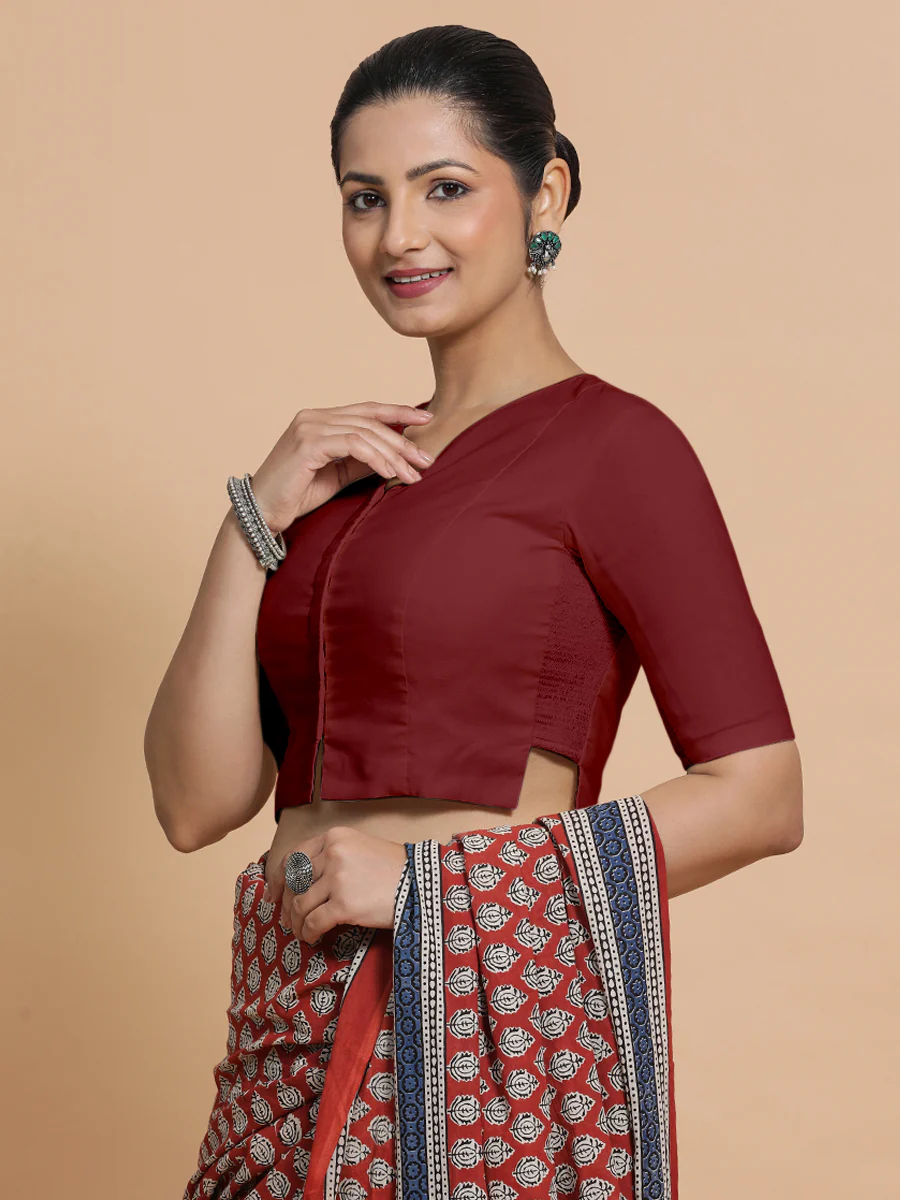 Seema x Rozaana | Elbow Sleeves Saree Blouse in Cranberry Red Linen - Image 9