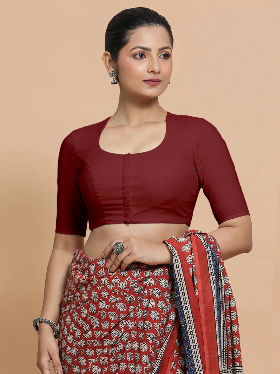 Shifa x Rozaana | Pot Neck Saree Blouse in Cranberry Red Linen - Image 7