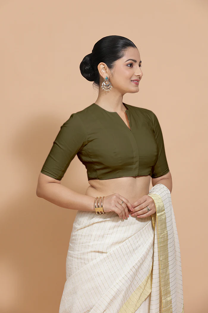 Kinal x Rozaana | Elbow Sleeves Saree Blouse in Deep Olive Green Linen - Image 10
