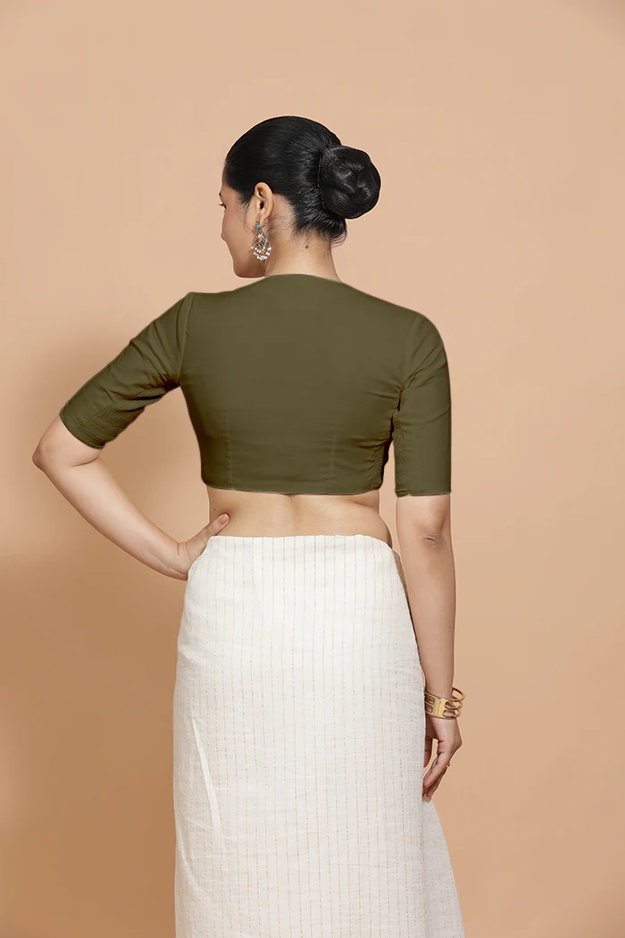 Kinal x Rozaana | Elbow Sleeves Saree Blouse in Deep Olive Green Linen - Image 2