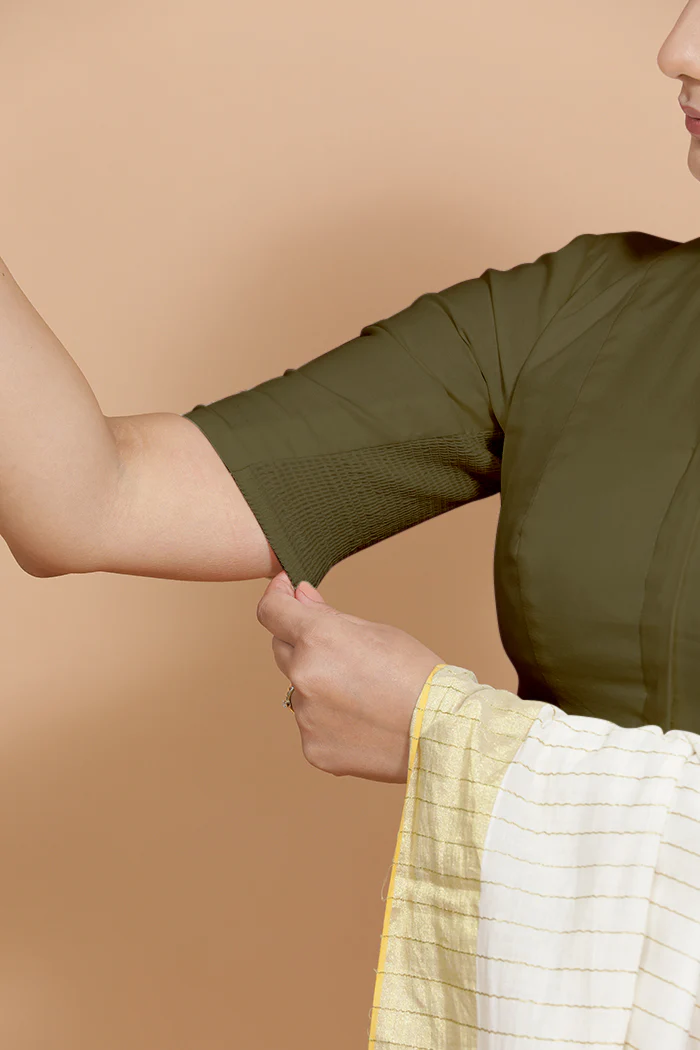 Kinal x Rozaana | Elbow Sleeves Saree Blouse in Deep Olive Green Linen - Image 4
