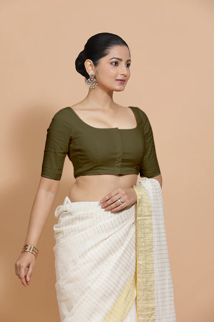 Lalita x Rozaana | Elbow Sleeves Saree Blouse in Deep Olive Green Linen