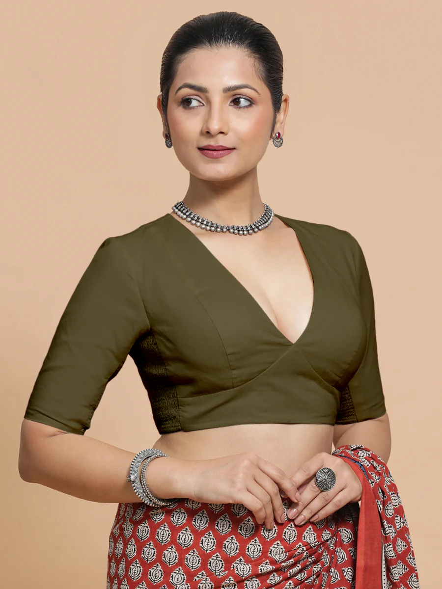 Malika x Rozaana | Deep Neck Saree Blouse in Deep Olive Green Linen - Image 11