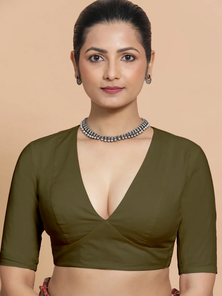 Malika x Rozaana | Deep Neck Saree Blouse in Deep Olive Green Linen - Image 7