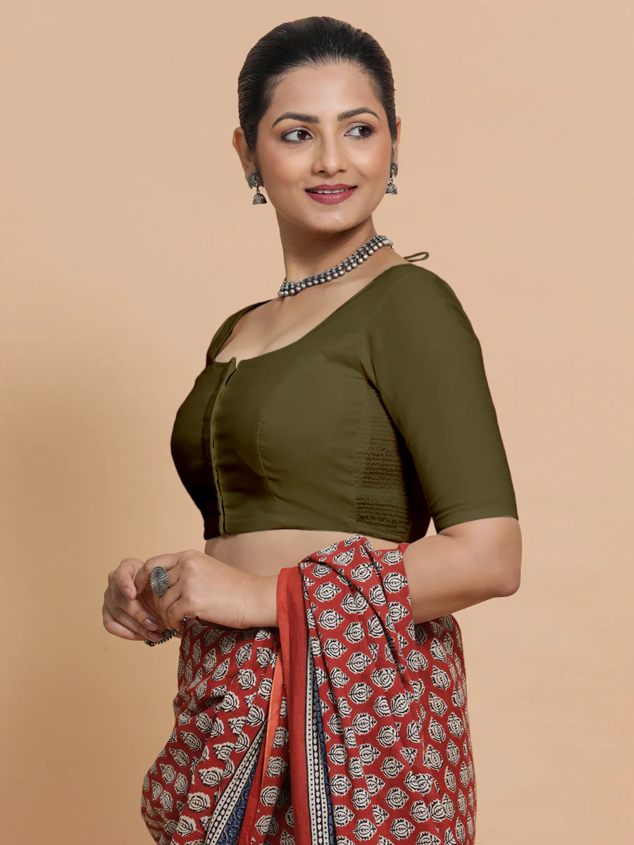 Mithali x Rozaana | Elbow Sleeves Saree Blouse in Deep Olive Green Linen - Image 5