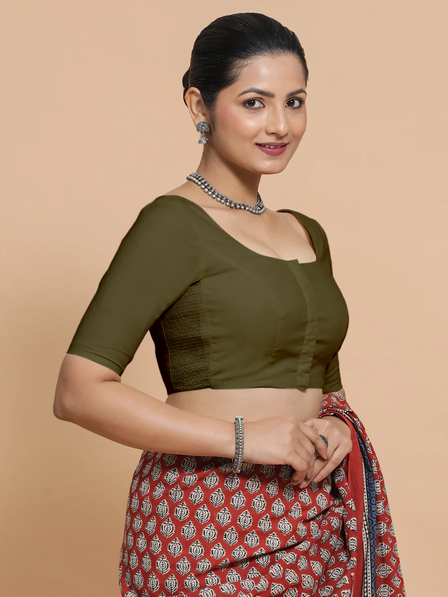 Mithali x Rozaana | Elbow Sleeves Saree Blouse in Deep Olive Green Linen - Image 8