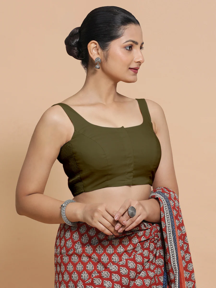 Nisha x Rozaana | Sleeveless Saree Blouse in Deep Olive Green Linen
