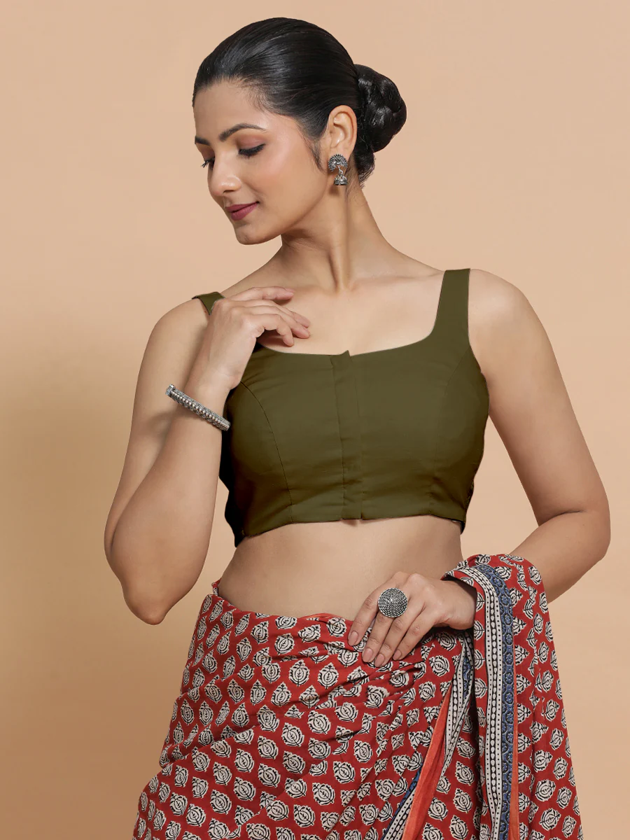 Nisha x Rozaana | Sleeveless Saree Blouse in Deep Olive Green Linen - Image 7