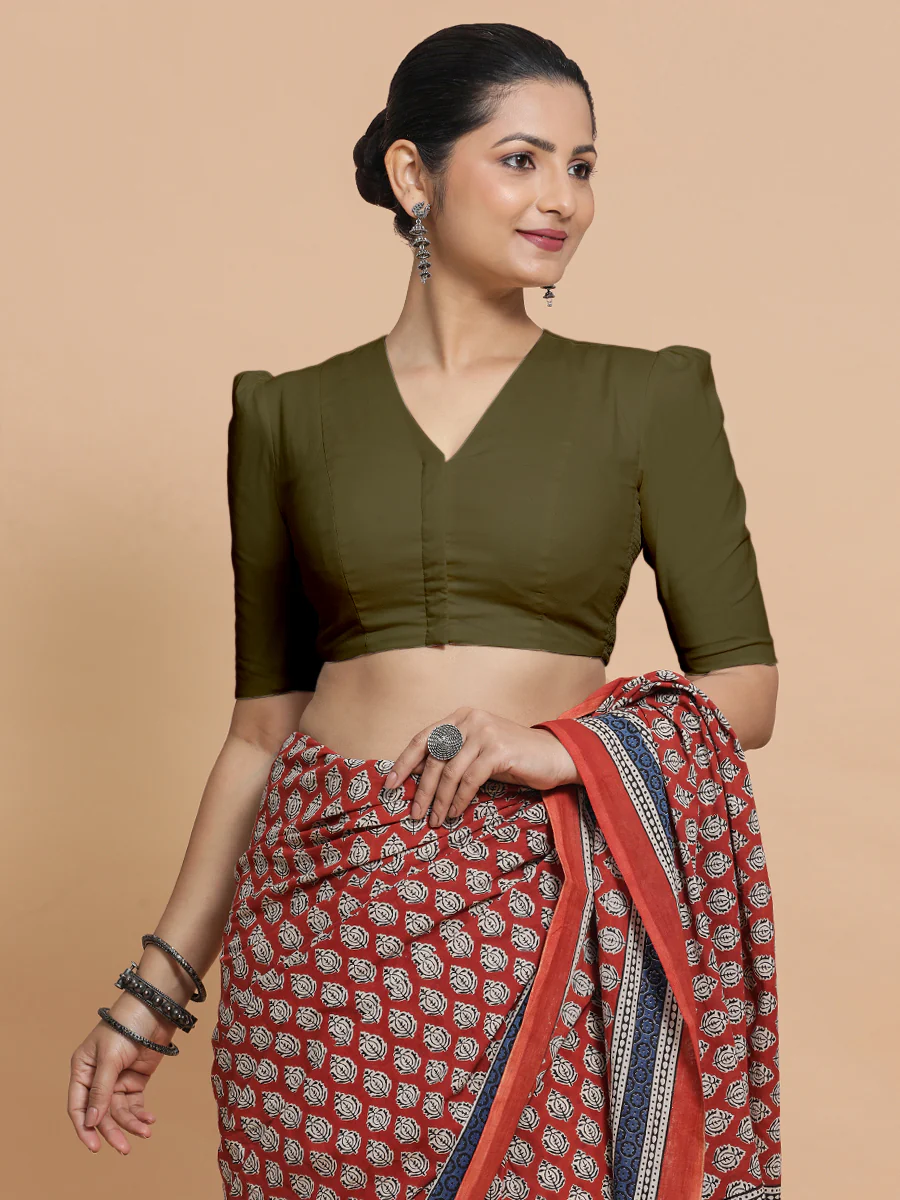 Rima x Rozaana | Puff Sleeves Saree Blouse in Deep Olive Green Linen