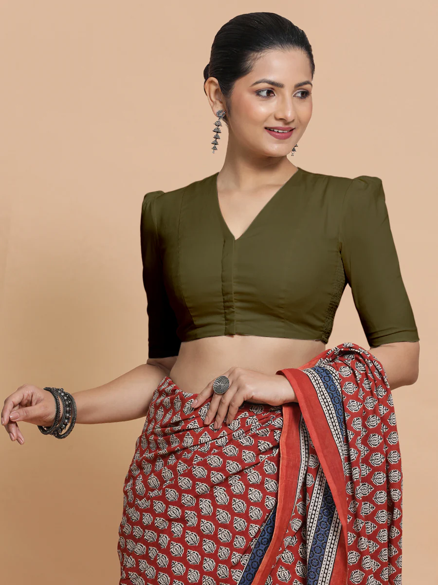 Rima x Rozaana | Puff Sleeves Saree Blouse in Deep Olive Green Linen - Image 10