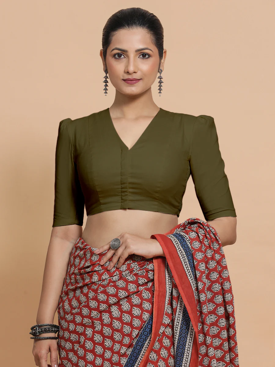 Rima x Rozaana | Puff Sleeves Saree Blouse in Deep Olive Green Linen - Image 5