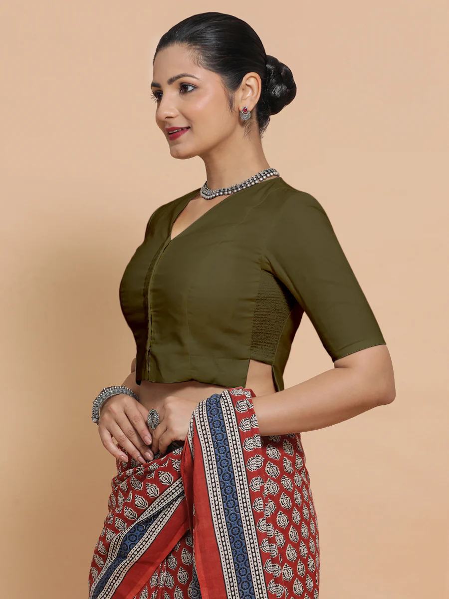 Rini x Rozaana | Elbow Sleeves Saree Blouse in Deep Olive Green Linen - Image 10