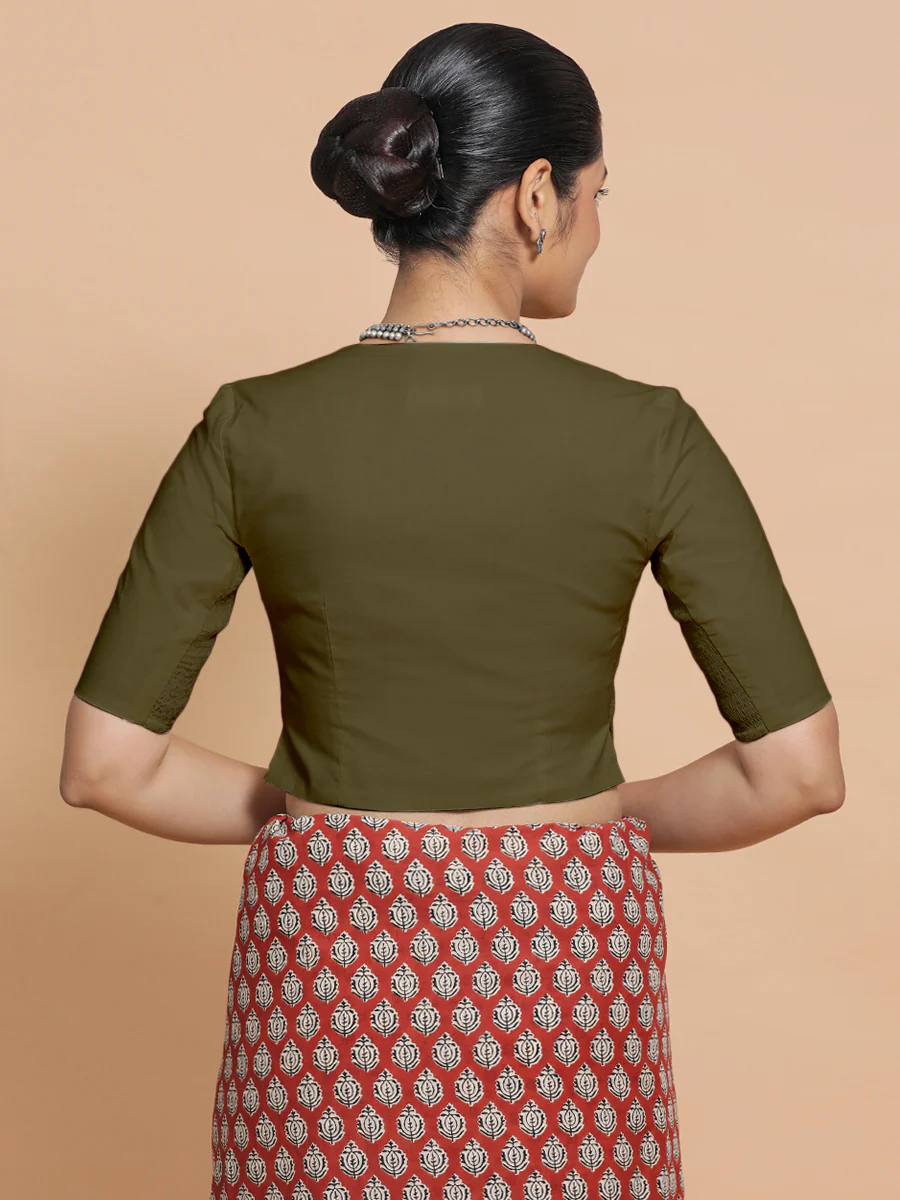 Rini x Rozaana | Elbow Sleeves Saree Blouse in Deep Olive Green Linen - Image 2