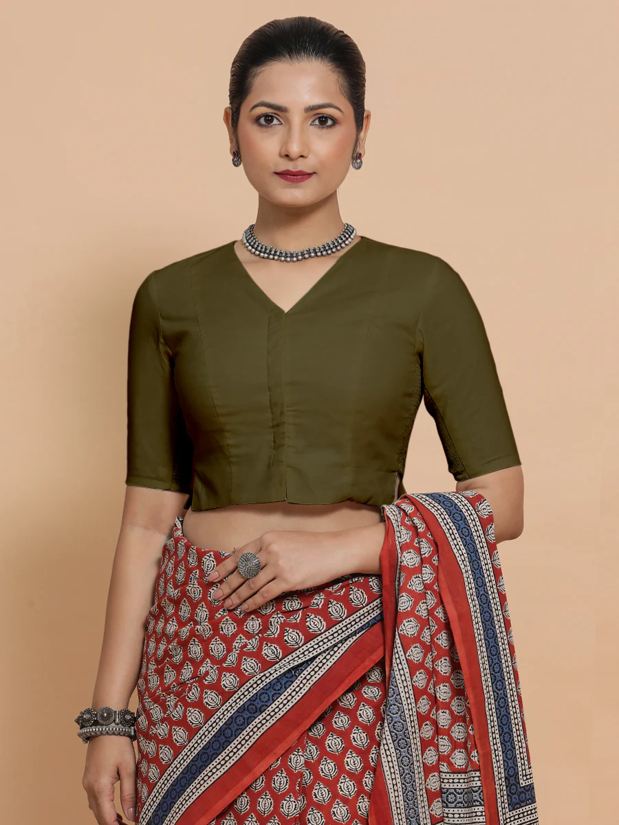 Rini x Rozaana | Elbow Sleeves Saree Blouse in Deep Olive Green Linen - Image 5