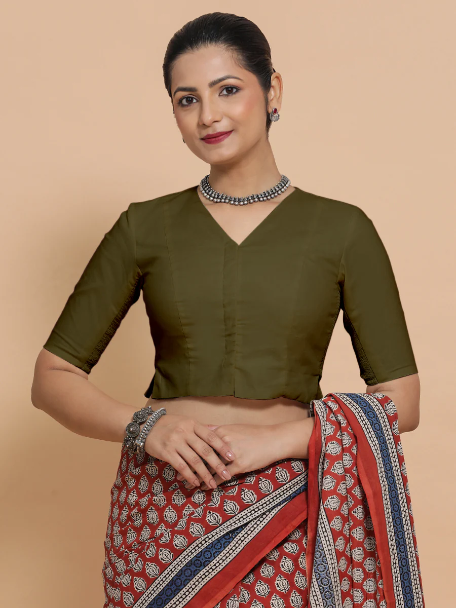 Rini x Rozaana | Elbow Sleeves Saree Blouse in Deep Olive Green Linen - Image 6