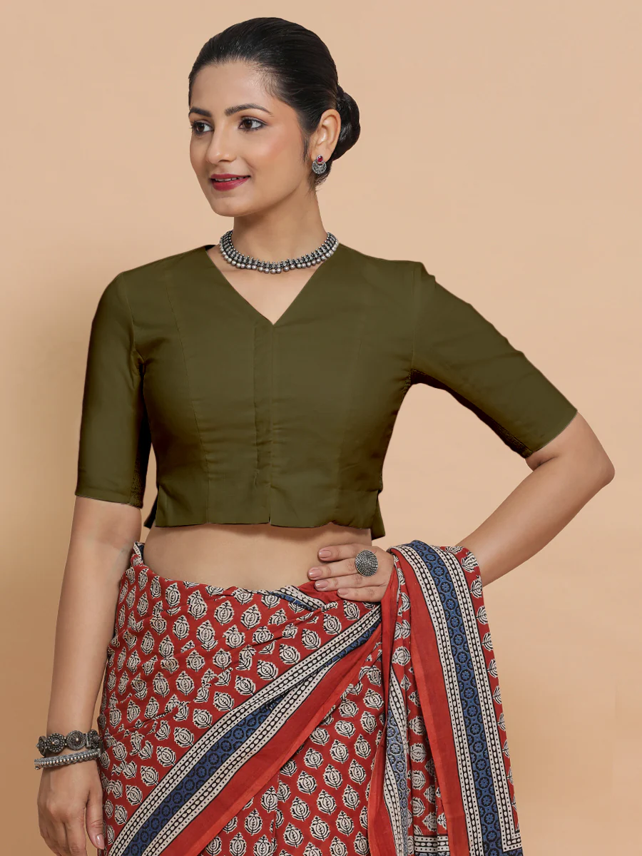 Rini x Rozaana | Elbow Sleeves Saree Blouse in Deep Olive Green Linen - Image 7