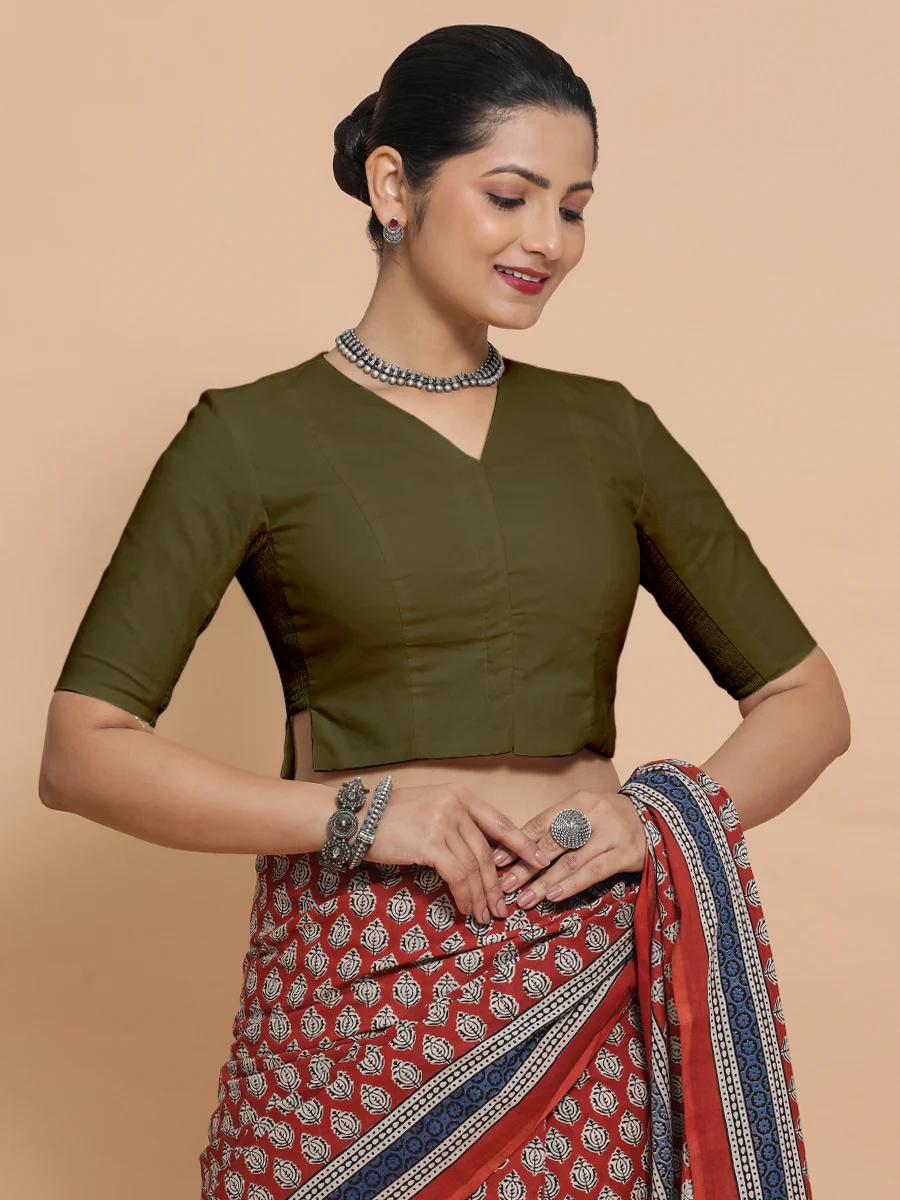 Rini x Rozaana | Elbow Sleeves Saree Blouse in Deep Olive Green Linen - Image 8