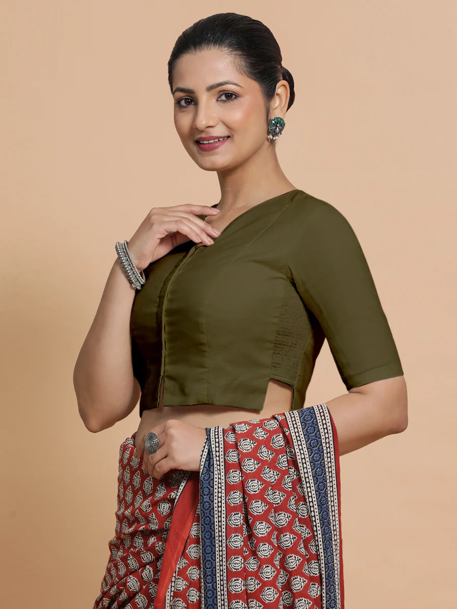 Seema x Rozaana | Elbow Sleeves Saree Blouse in Deep Olive Green Linen - Image 11