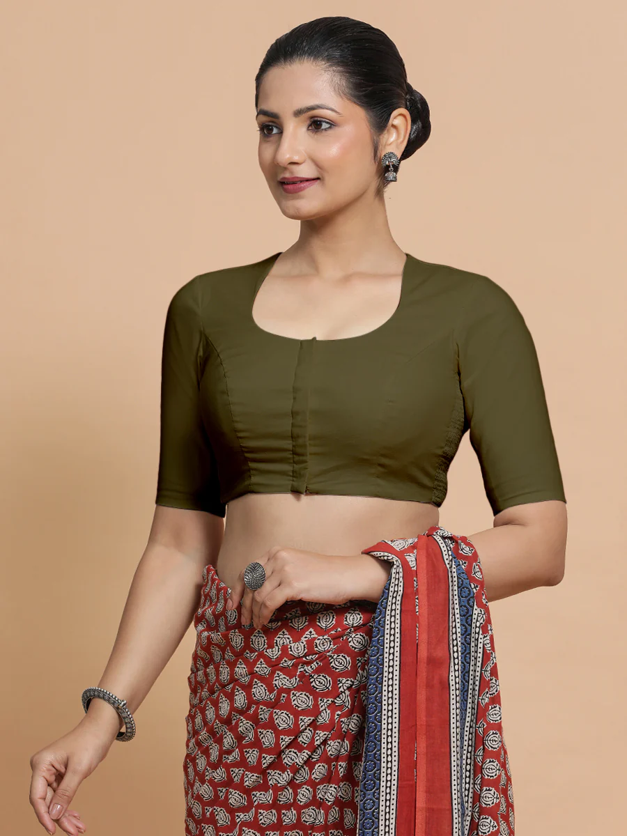 Shifa x Rozaana | Pot Neck Saree Blouse in Deep Olive Green Linen - Image 10