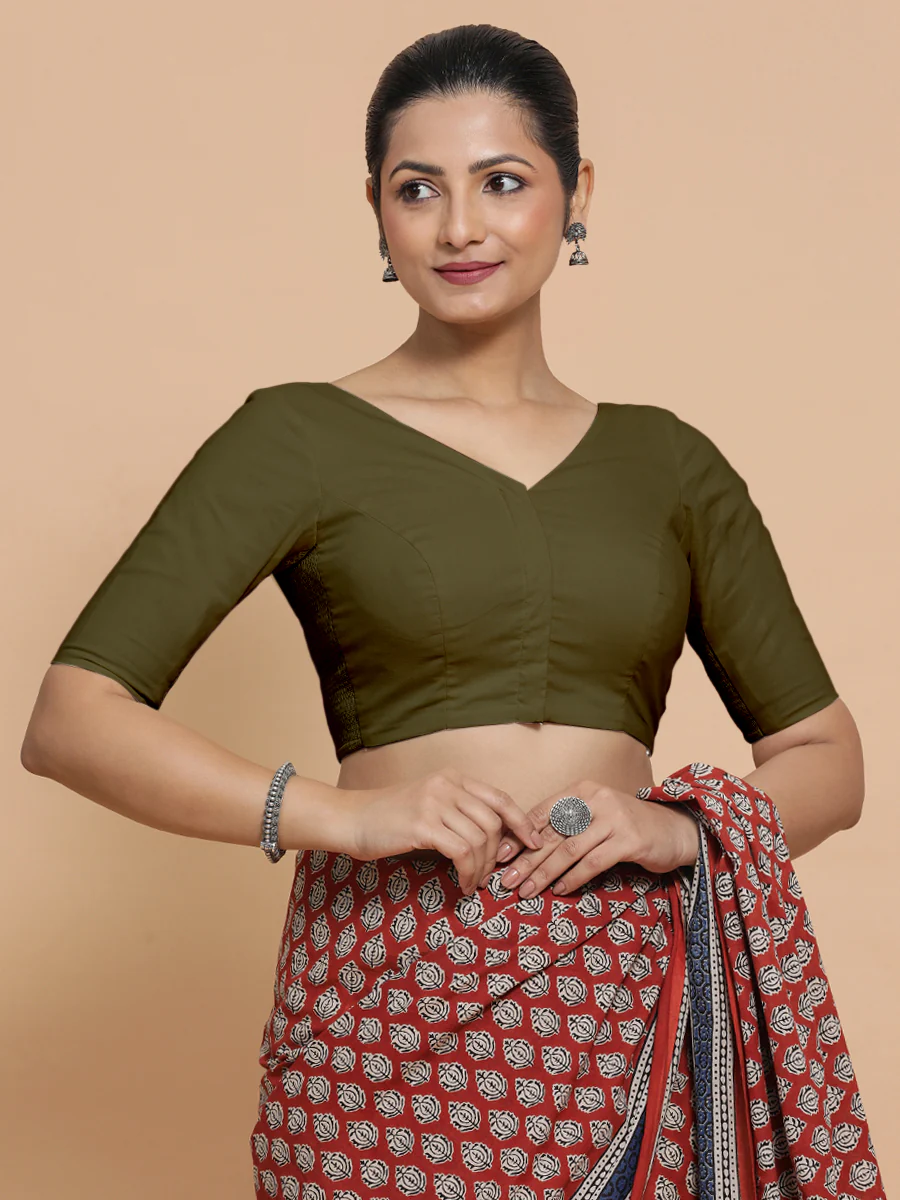 Sonia x Rozaana | Elbow Sleeves Saree Blouse in Deep Olive Green Linen - Image 11