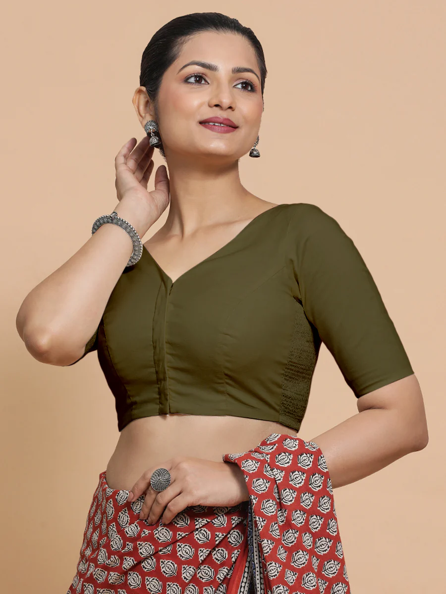 Sonia x Rozaana | Elbow Sleeves Saree Blouse in Deep Olive Green Linen - Image 12