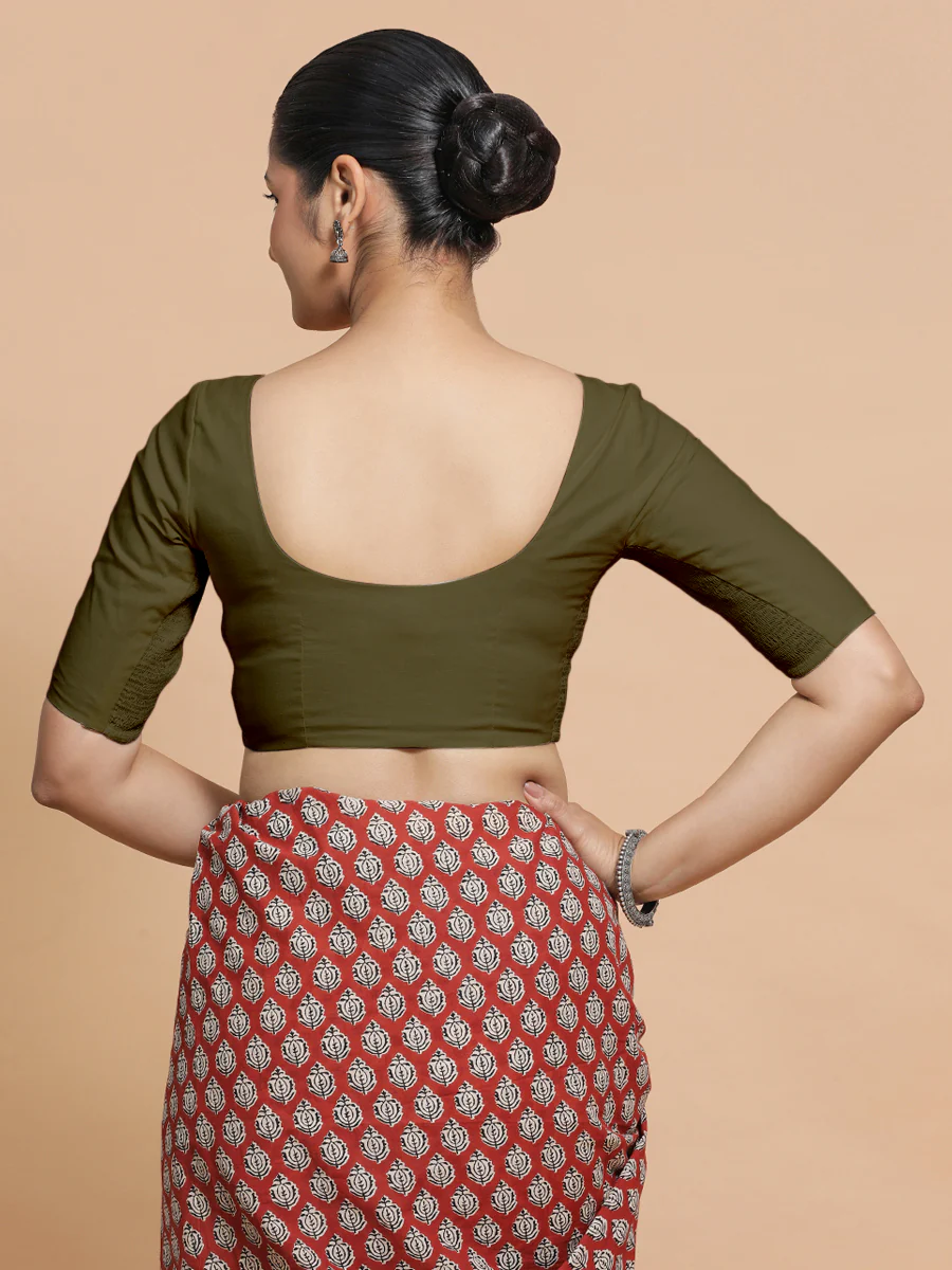 Sonia x Rozaana | Elbow Sleeves Saree Blouse in Deep Olive Green Linen - Image 2