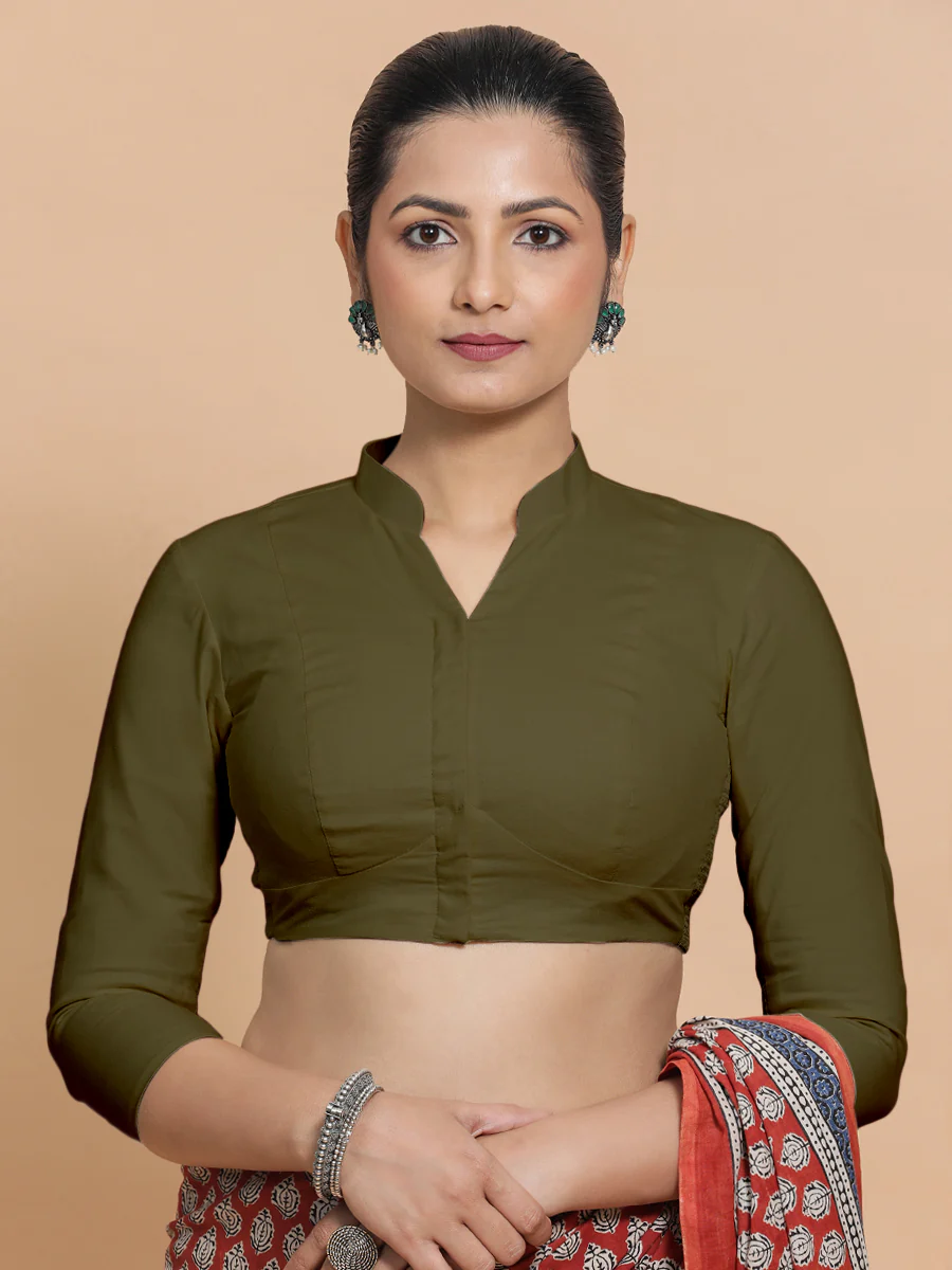 Tripti x Rozaana | Jewel Neck Saree Blouse in Deep Olive Green Linen - Image 13