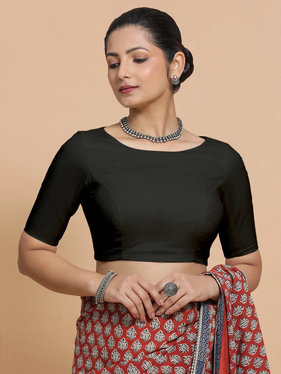 Alka x Rozaana | Boat Neck Saree Blouse in Ebony Black Linen - Image 11