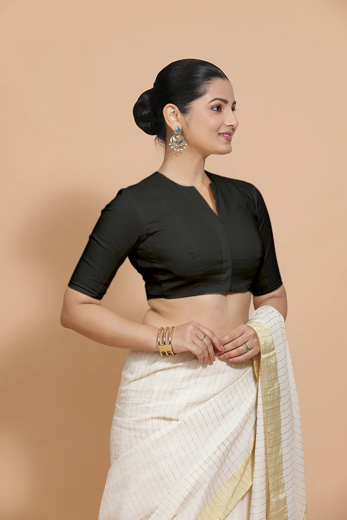 Kinal x Rozaana | Elbow Sleeves Saree Blouse in Ebony Black Linen