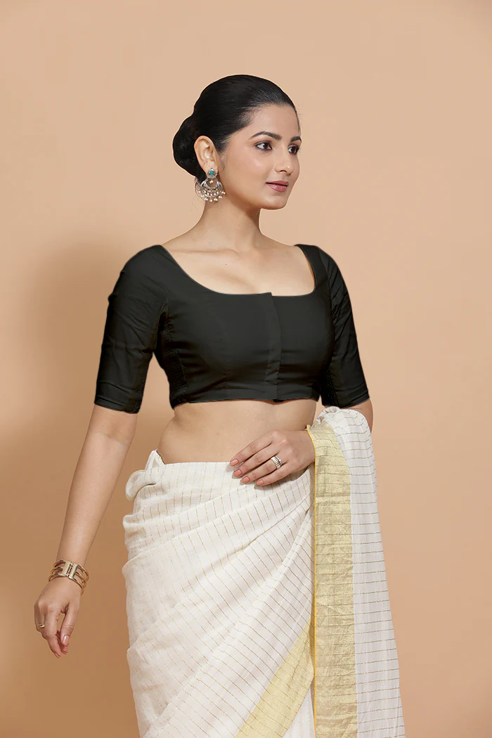 Lalita x Rozaana | Elbow Sleeves Saree Blouse in Ebony Black Linen - Image 7