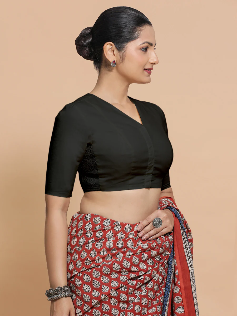 Nalani x Rozaana | Elbow Sleeves Saree Blouse in Ebony Black Linen - Image 9