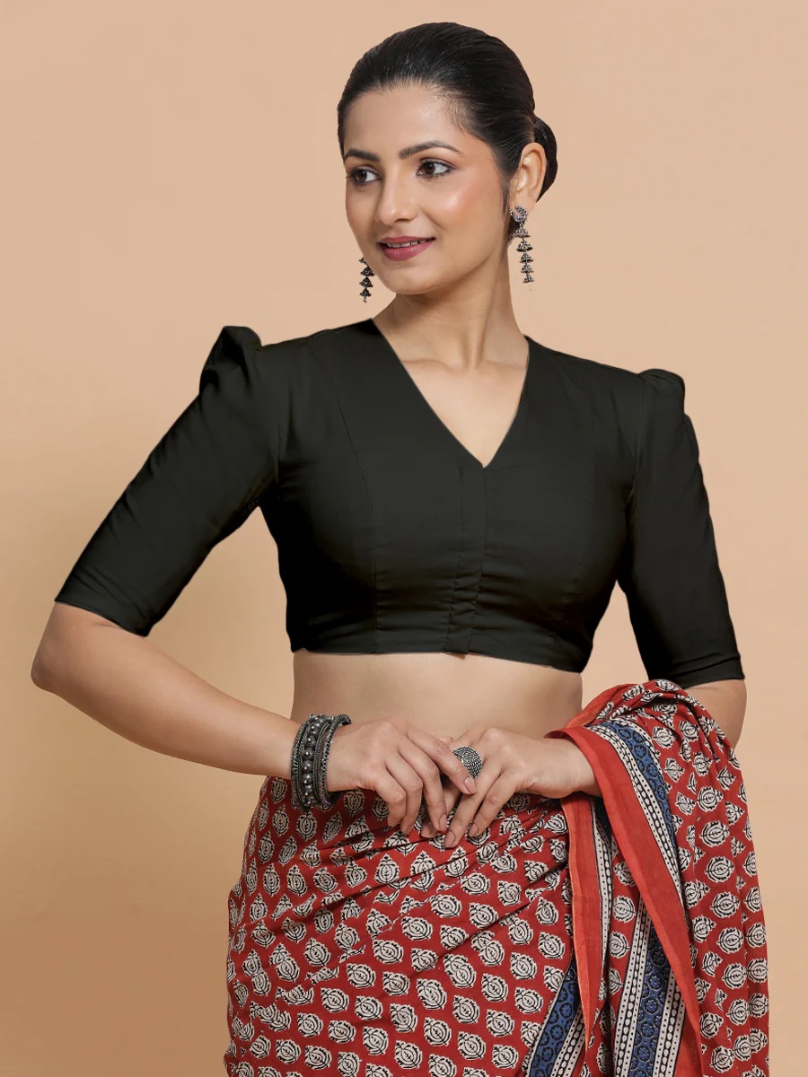 Rima x Rozaana | Puff Sleeves Saree Blouse in Ebony Black Linen - Image 11
