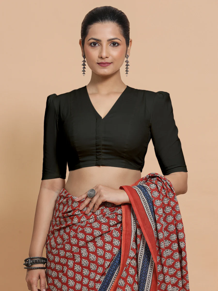 Rima x Rozaana | Puff Sleeves Saree Blouse in Ebony Black Linen - Image 5