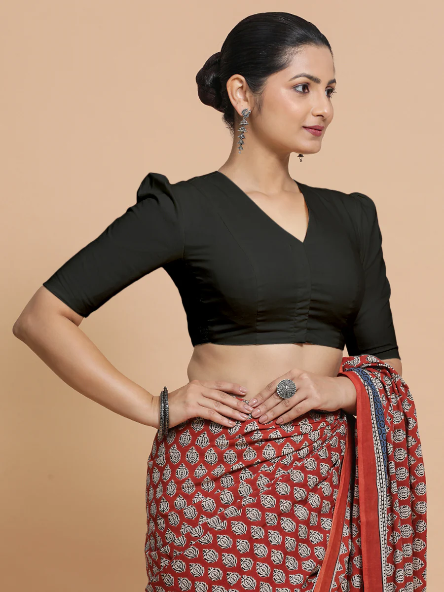 Rima x Rozaana | Puff Sleeves Saree Blouse in Ebony Black Linen - Image 8
