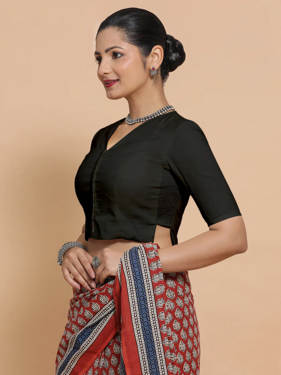 Rini x Rozaana | Elbow Sleeves Saree Blouse in Ebony Black Linen