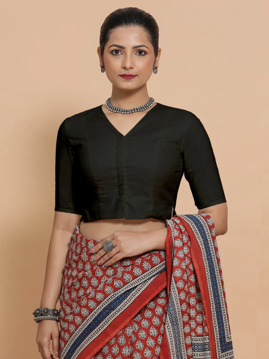 Rini x Rozaana | Elbow Sleeves Saree Blouse in Ebony Black Linen - Image 5