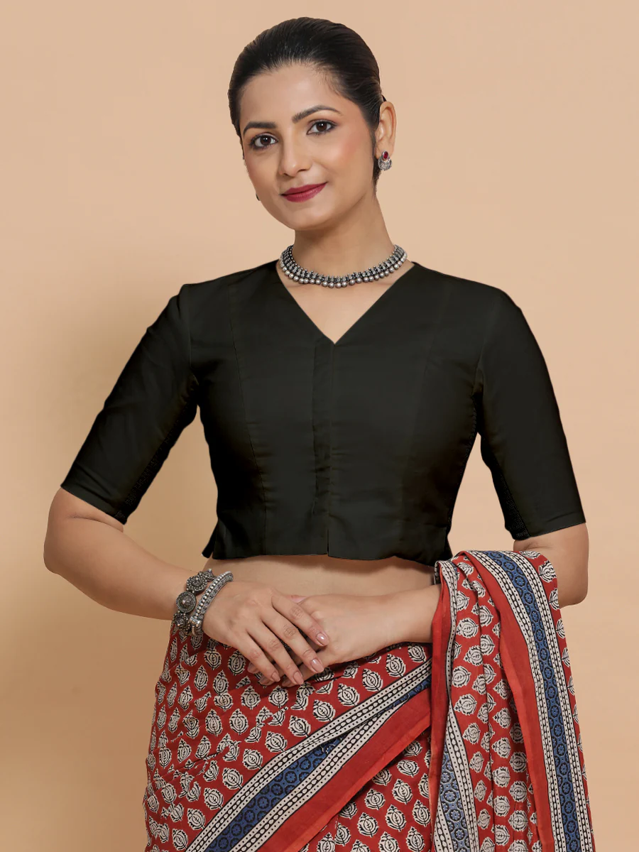 Rini x Rozaana | Elbow Sleeves Saree Blouse in Ebony Black Linen - Image 6