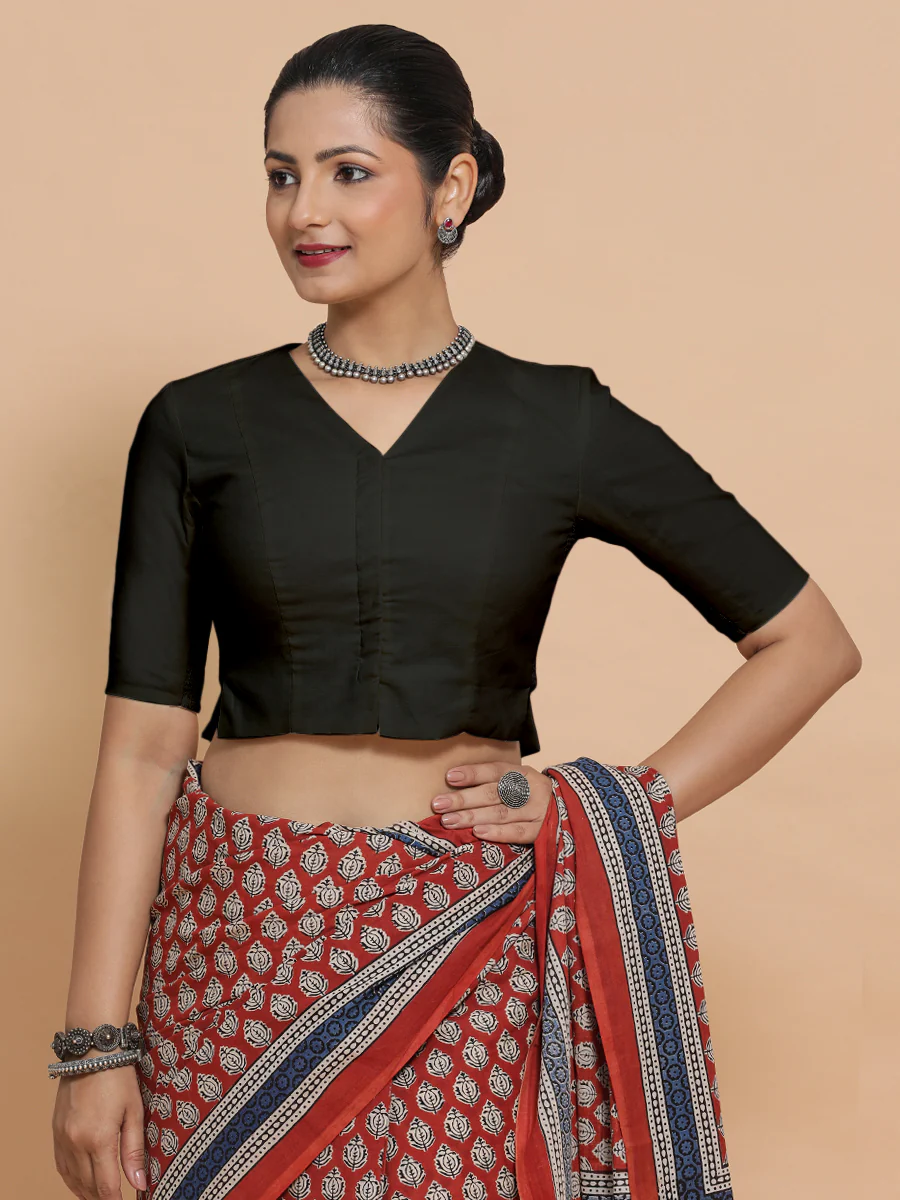 Rini x Rozaana | Elbow Sleeves Saree Blouse in Ebony Black Linen - Image 7