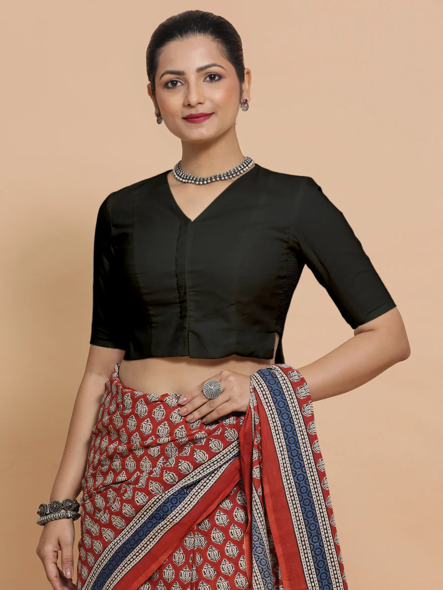 Rini x Rozaana | Elbow Sleeves Saree Blouse in Ebony Black Linen - Image 9