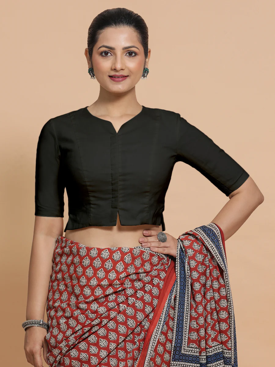 Seema x Rozaana | Elbow Sleeves Saree Blouse in Ebony Black Linen - Image 12