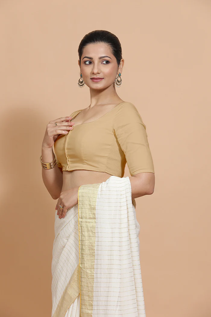 Lalita x Rozaana | Elbow Sleeves Saree Blouse in Ecru Beige Linen - Image 5