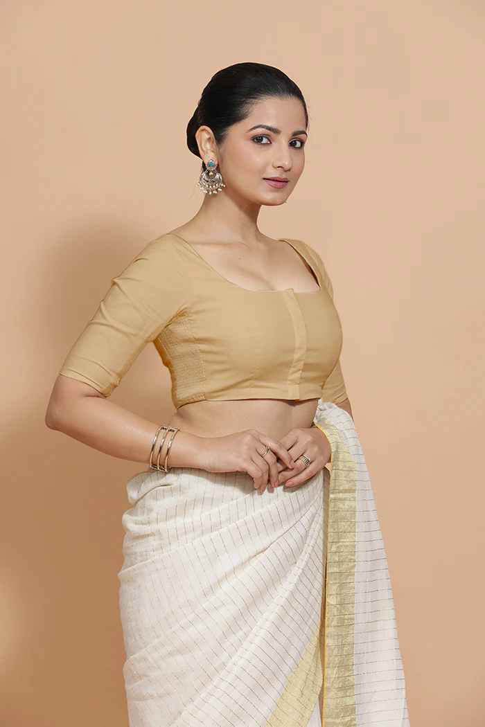 Lalita x Rozaana | Elbow Sleeves Saree Blouse in Ecru Beige Linen - Image 9