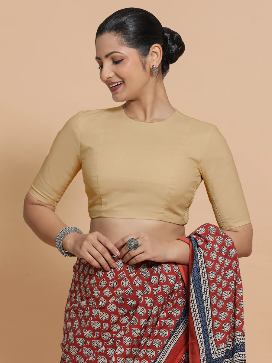 Lara x Rozaana | Jewel Neck Saree Blouse in Ecru Beige Linen