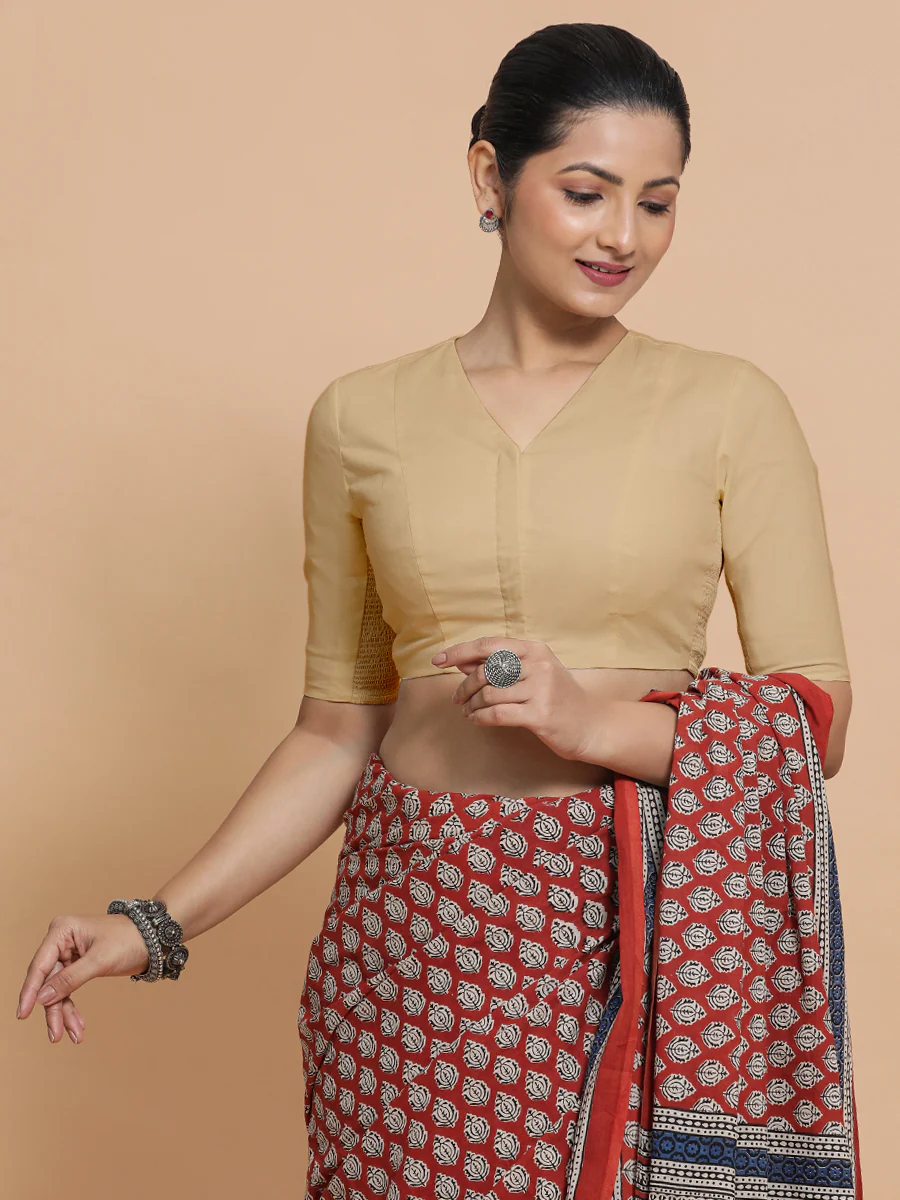 Nalani x Rozaana | Elbow Sleeves Saree Blouse in Ecru Beige Linen - Image 7