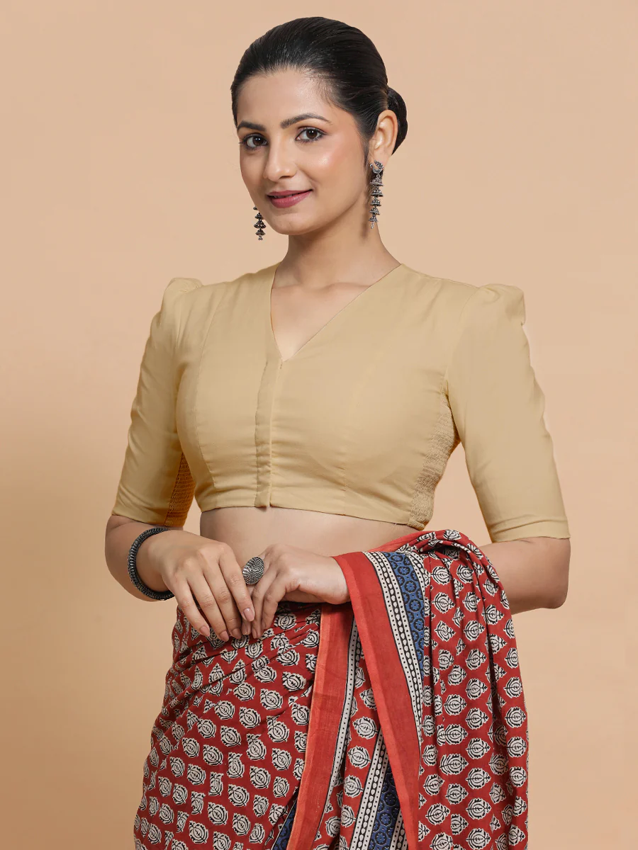 Rima x Rozaana | Puff Sleeves Saree Blouse in Ecru Beige Linen