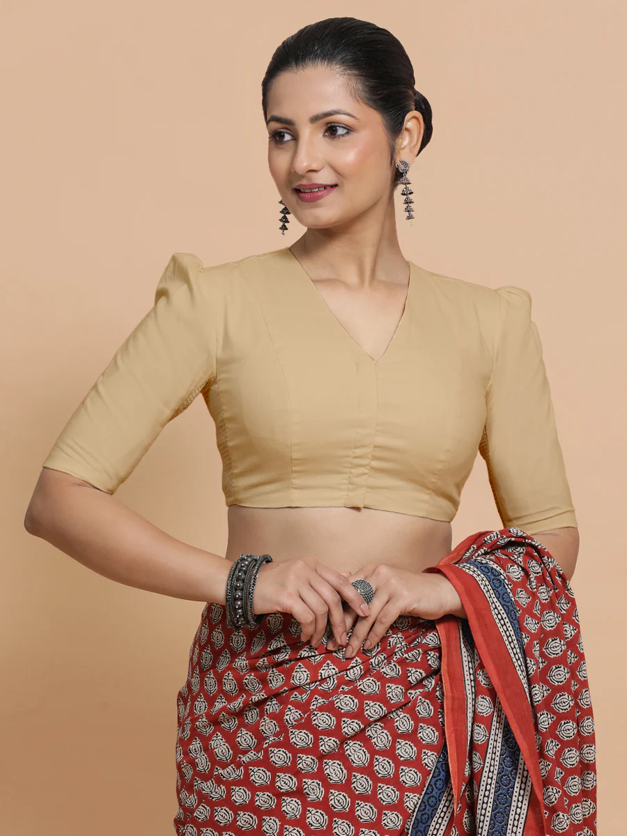 Rima x Rozaana | Puff Sleeves Saree Blouse in Ecru Beige Linen - Image 11